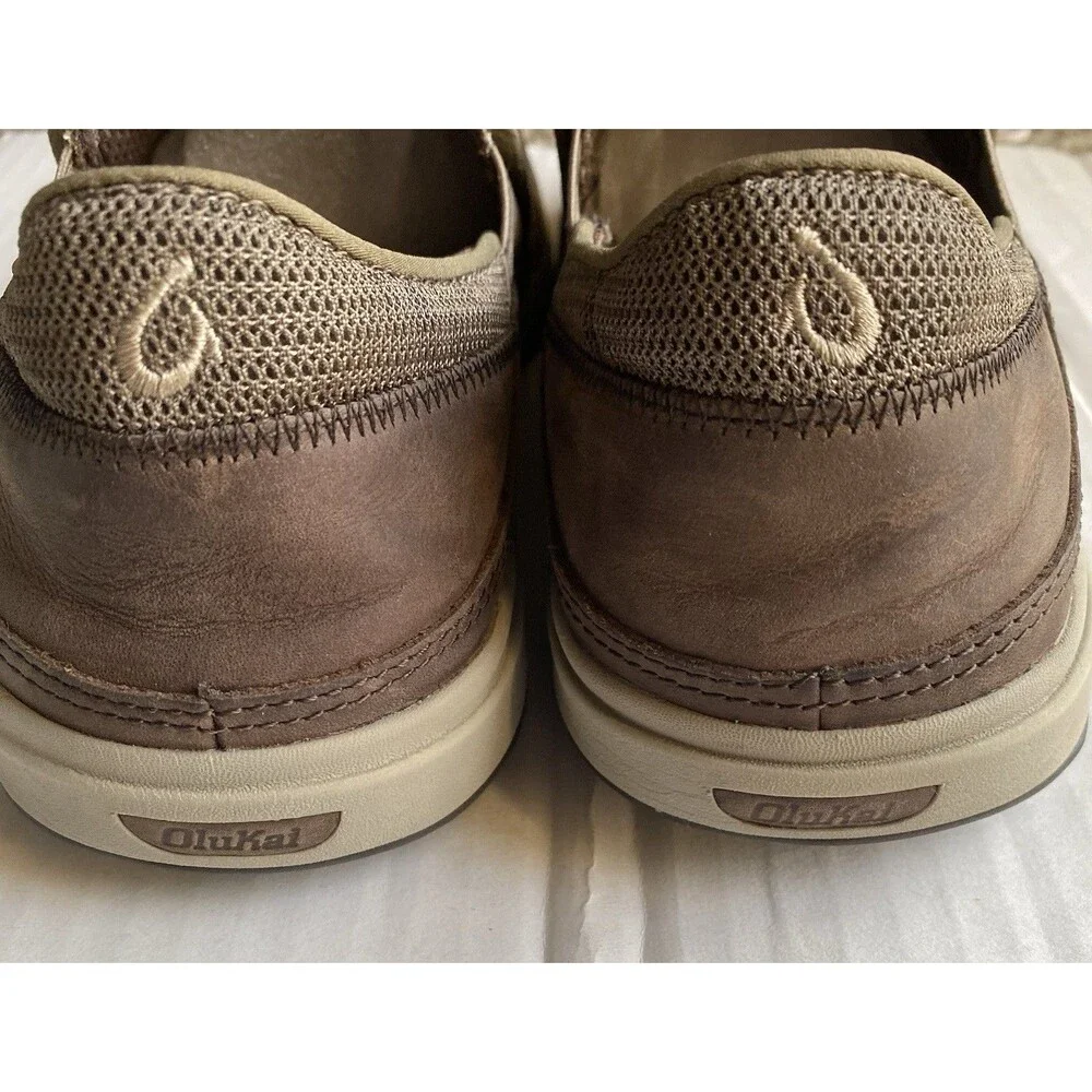 Olukai Makia Mens 10.5 Casual Slip On Loafer Mesh Leather Boat Shoe Brown